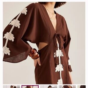 Anthropologie Brown Kaftan with White Floral Details